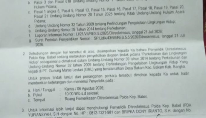 Berkaitan dengan PT GML Polda Babel Mulai Periksa Kades Dalil, ALMASTER Minta Delapan Kades Lain Ikut Dipanggil